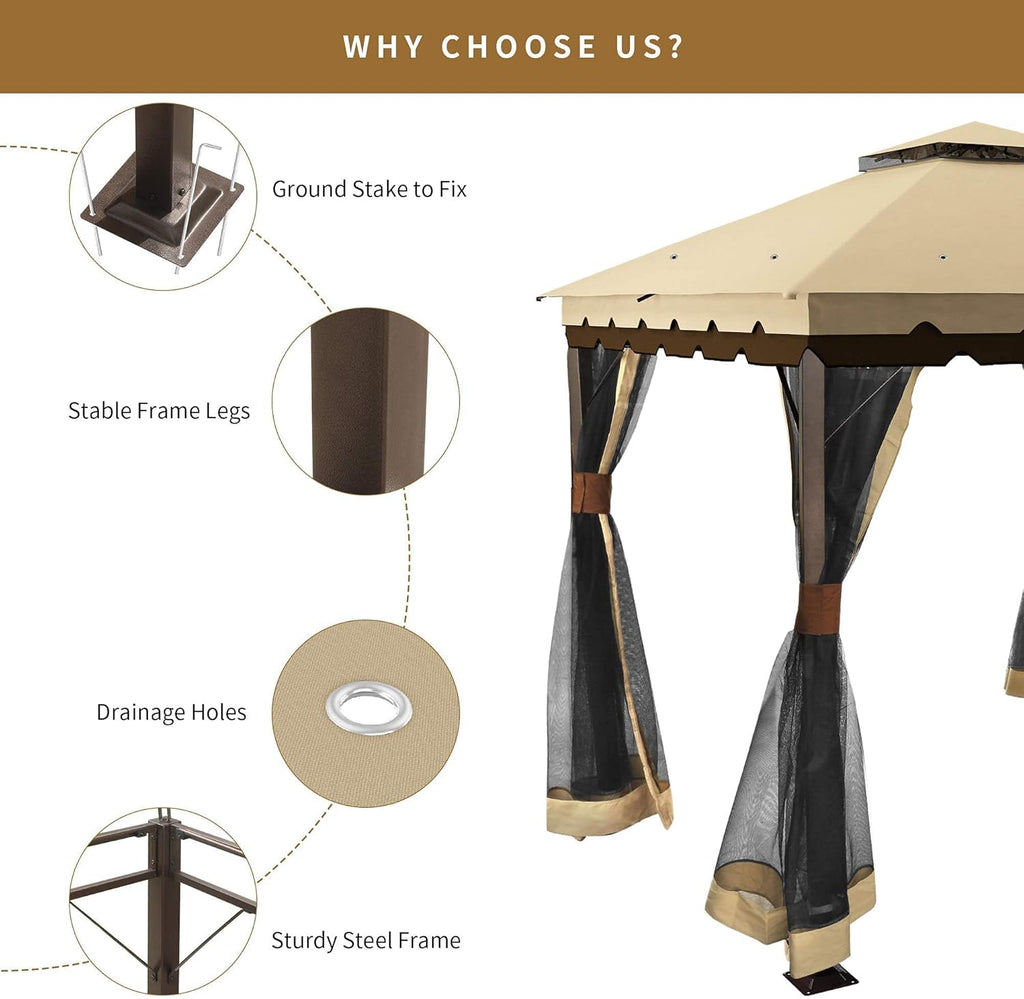 10x12 ft Steel Gazebo with Mosquito Netting M6687