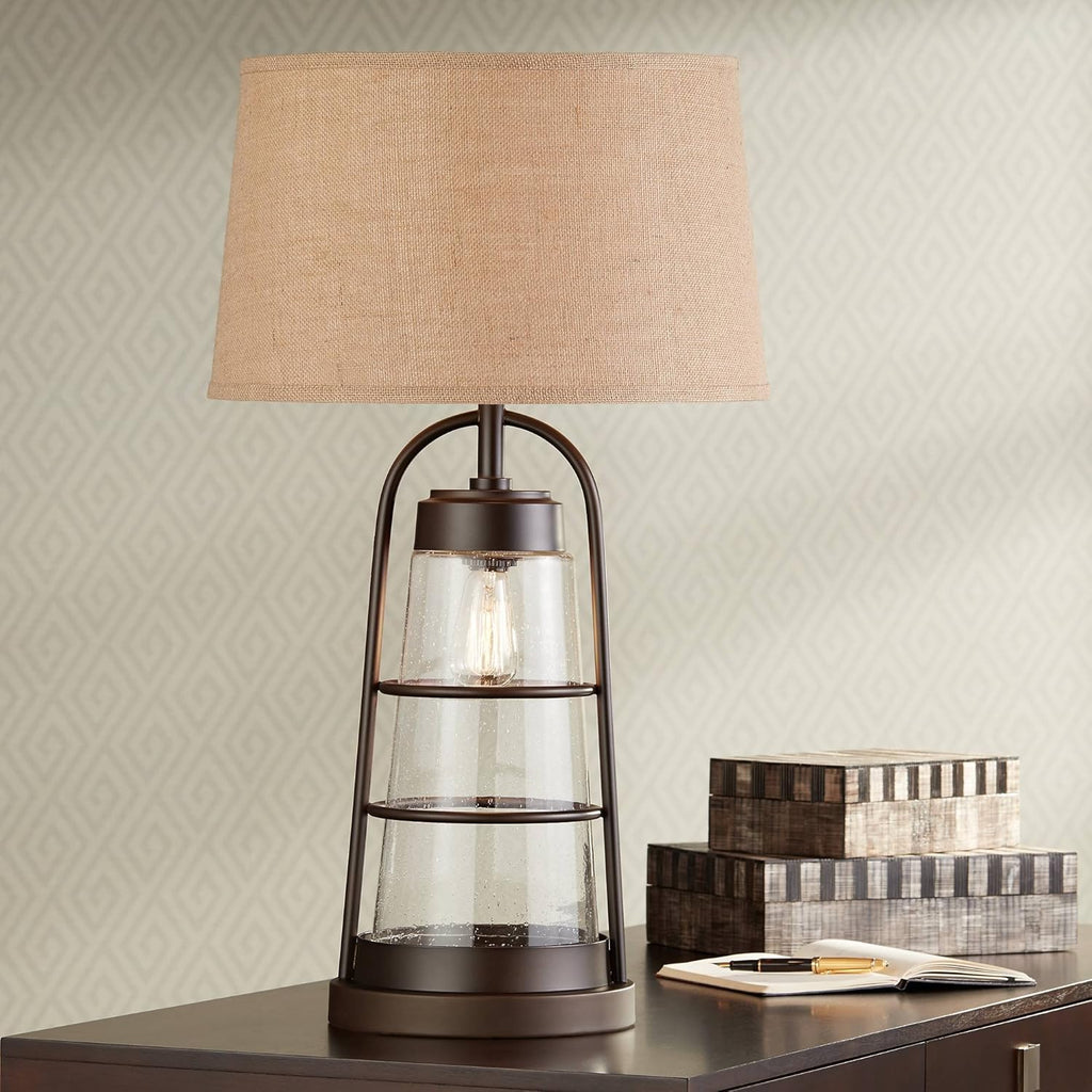 Bronze Cage Glass Lantern Table Lamp with Nightlight L7945