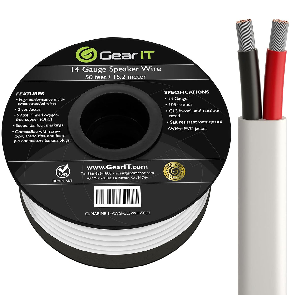 14AWG Tinned OFC Copper Marine Grade Speaker Cable, White 100ft P833212
