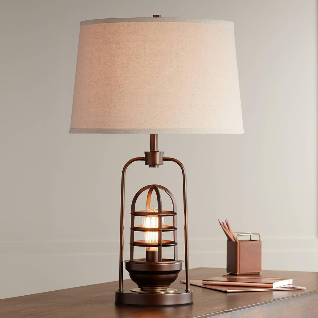 Bronze Cage Glass Lantern Table Lamp with Nightlight L7945