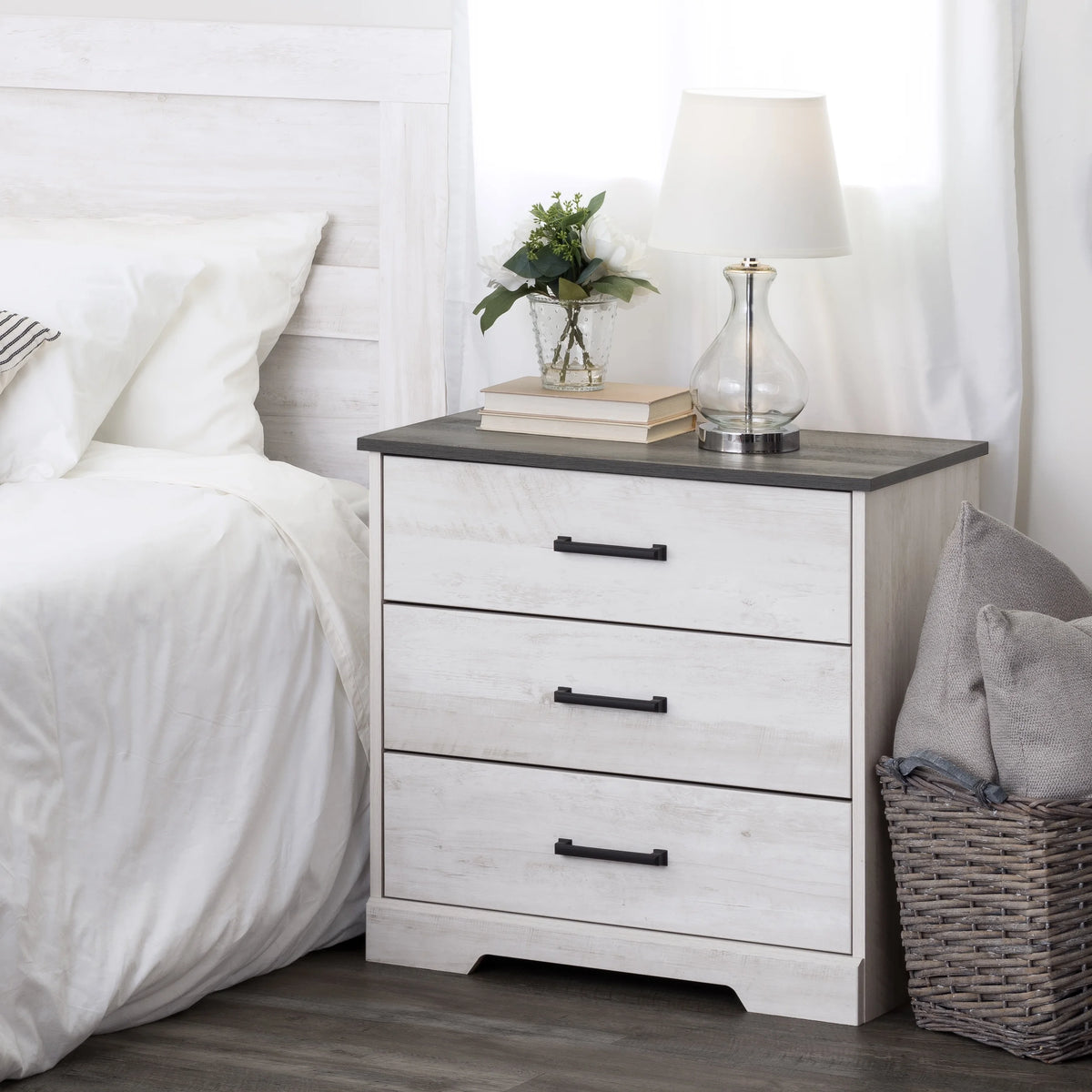 3 Drawer Washed White Wood Nightstand D865576