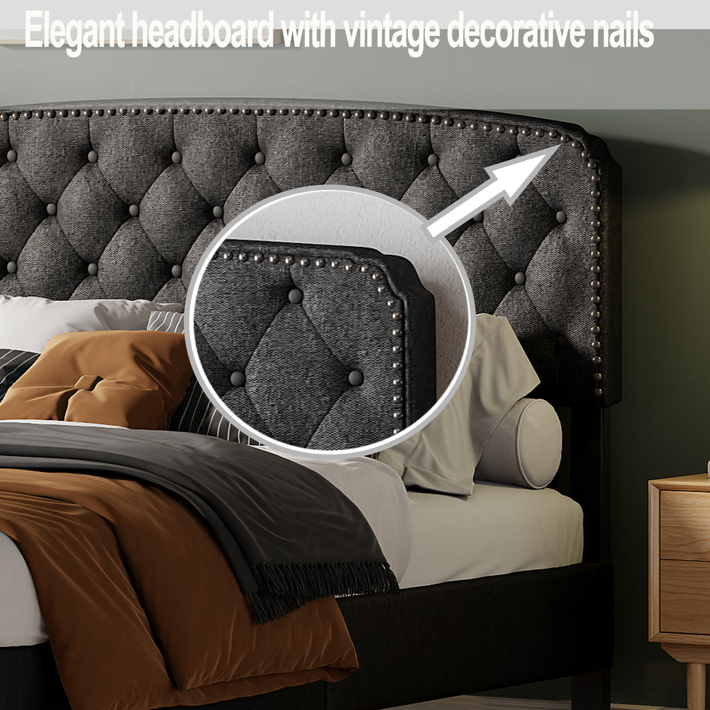 Dark Grey Queen Size Adjustable Headboard with Linen Upholstery and Button Tufting J397158