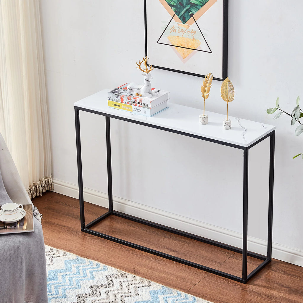 Modern Console Table with White Marble Top and Black Metal Legs X1309