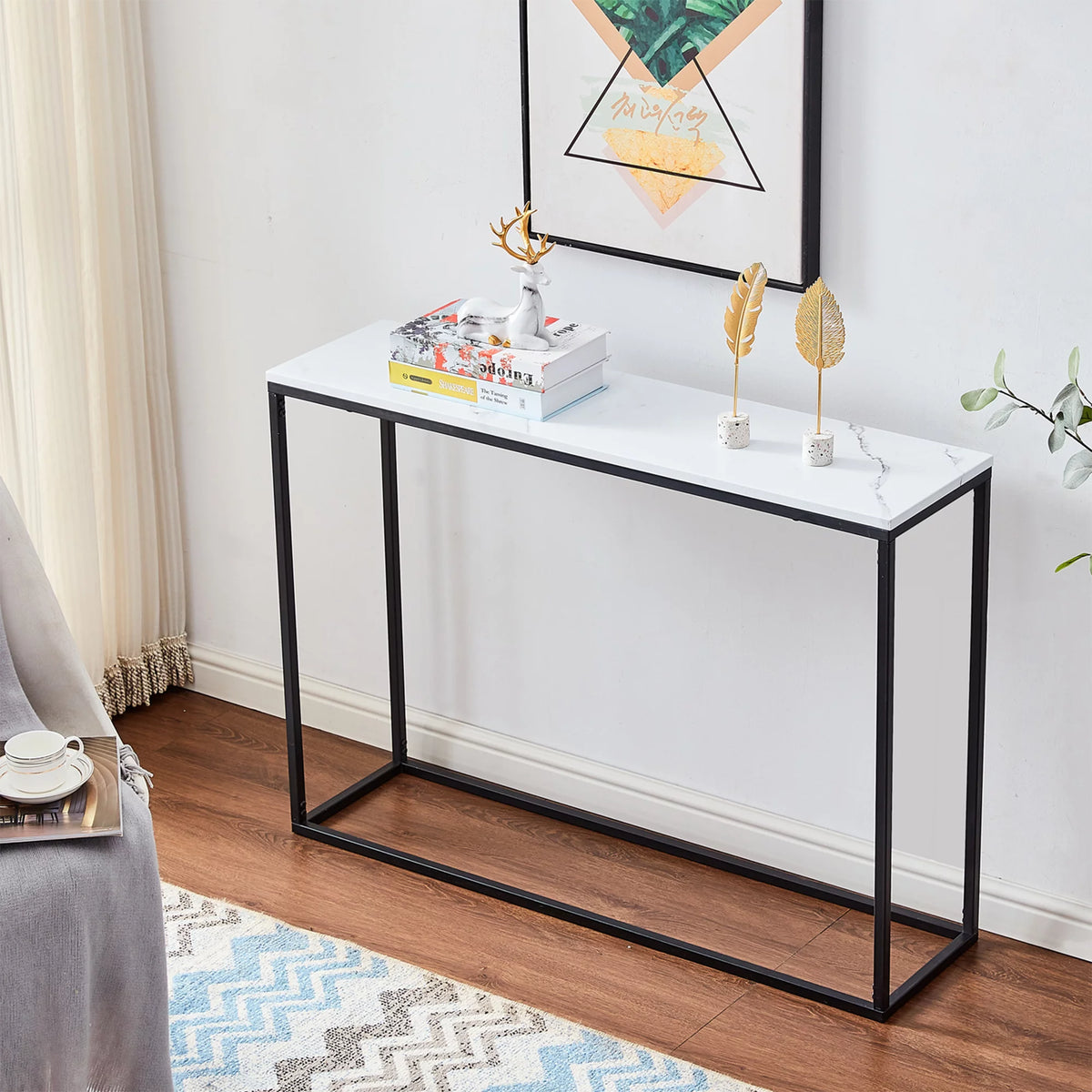 Modern Console Table with White Marble Top and Black Metal Legs X1309
