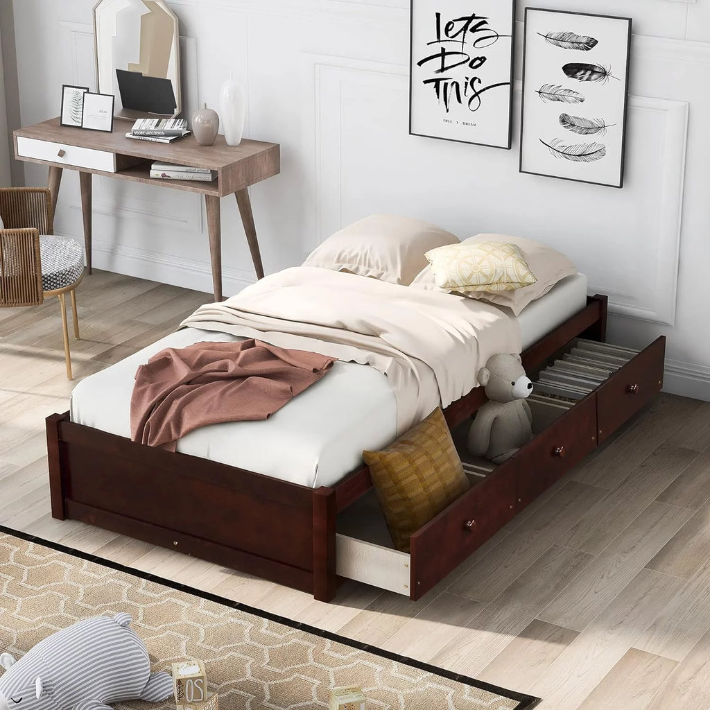 Solid Wood Platform Storage Bed with 3 Drawers I926