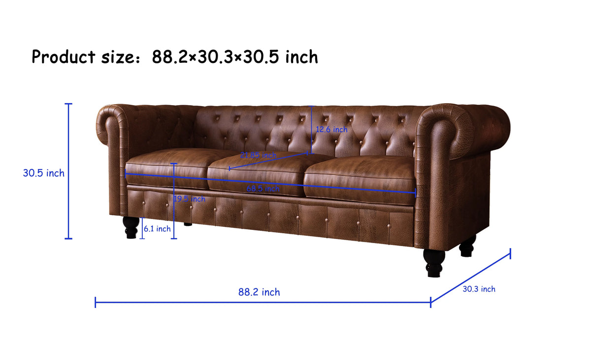 Button Tufted Faux Leather 3-Seater Sofa A476580