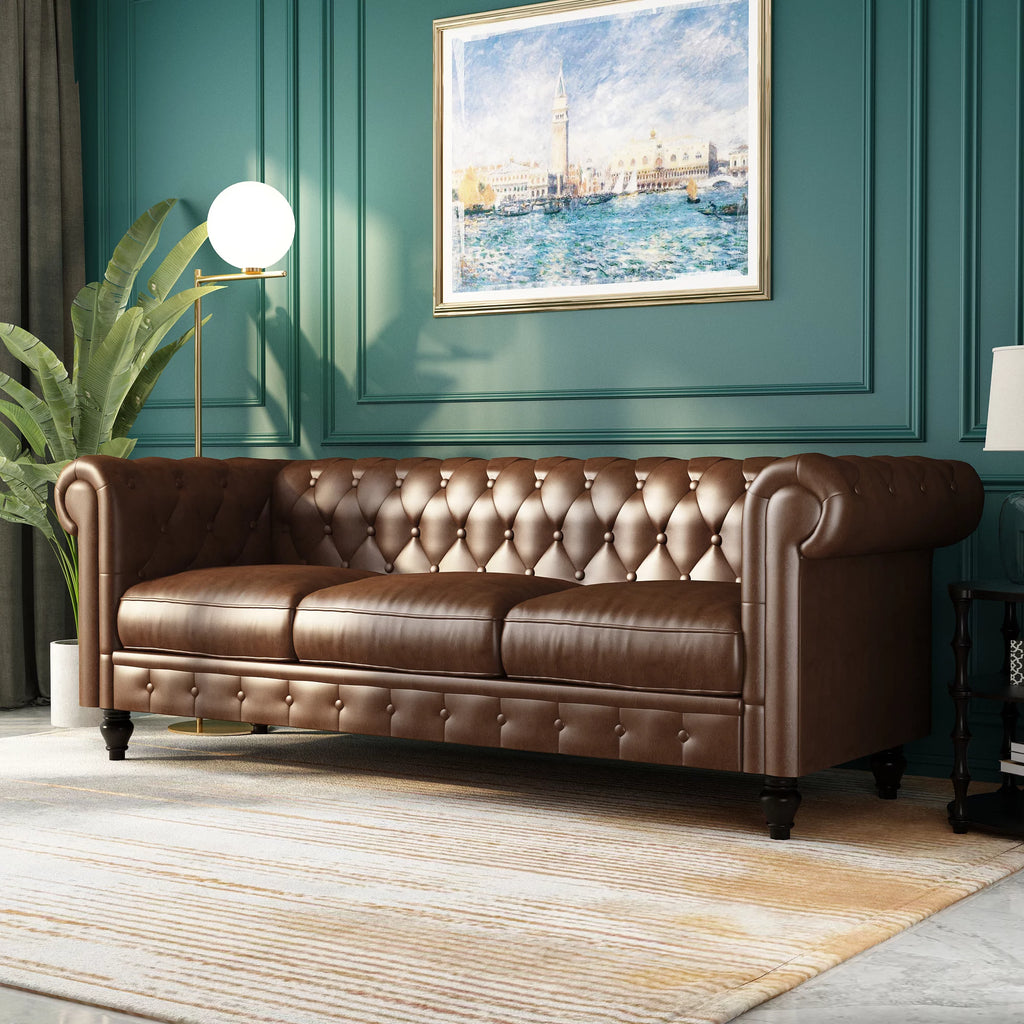 Button Tufted Faux Leather 3-Seater Sofa A476580