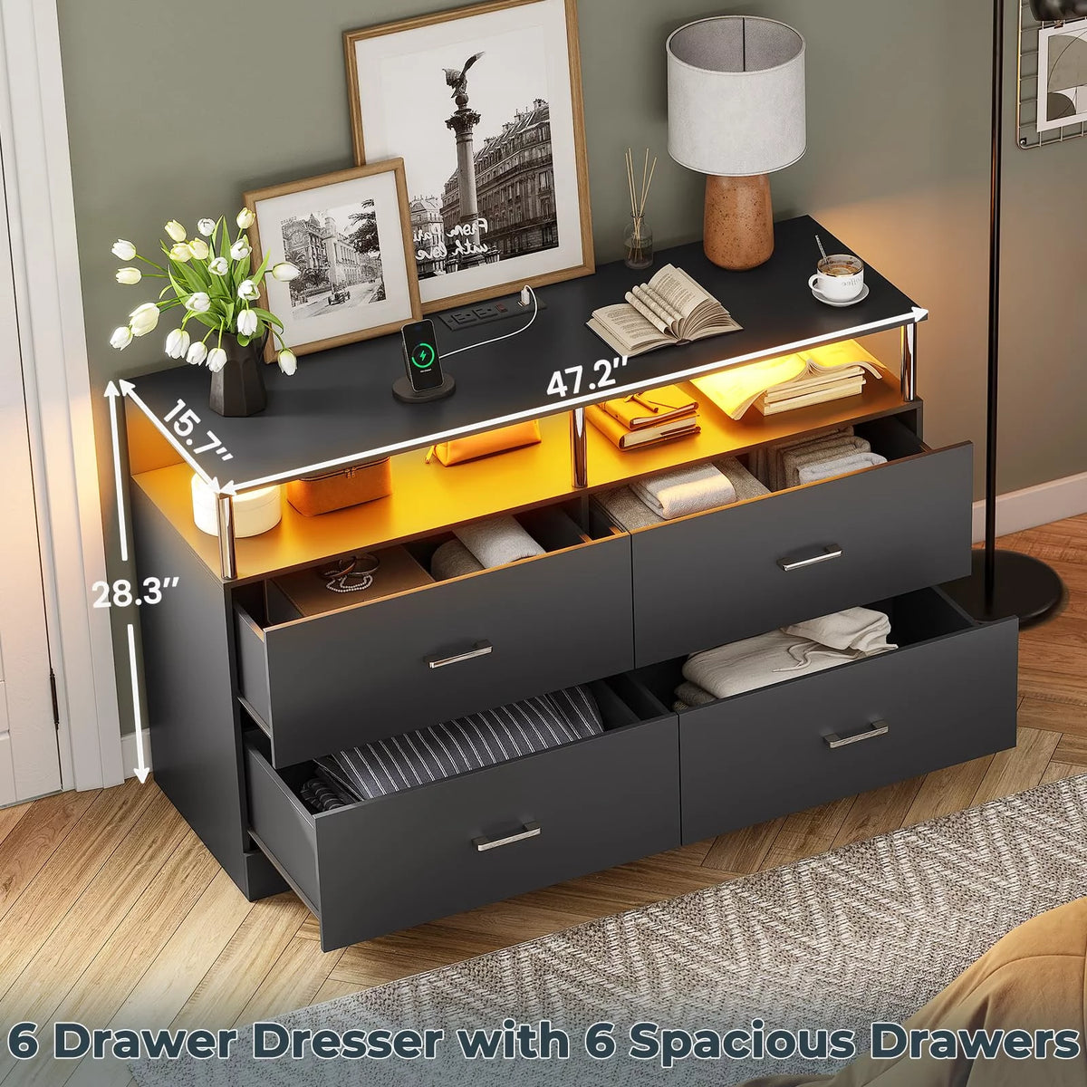 Black 6 Drawer Dresser with Charging Station and LED Light X379