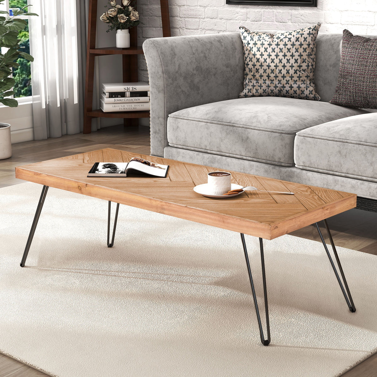 Modern Coffee Table with Chevron Pattern and Metal Hairpin Legs B41356