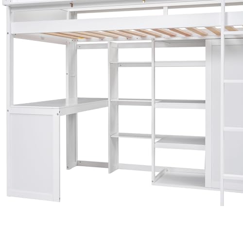 Twin Size Wood Loft Bed with Desk Storage and Wardrobe S9832