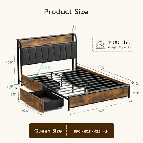 Queen Size Platform Bed Frame with Headboard Storage 4 Drawers X9658