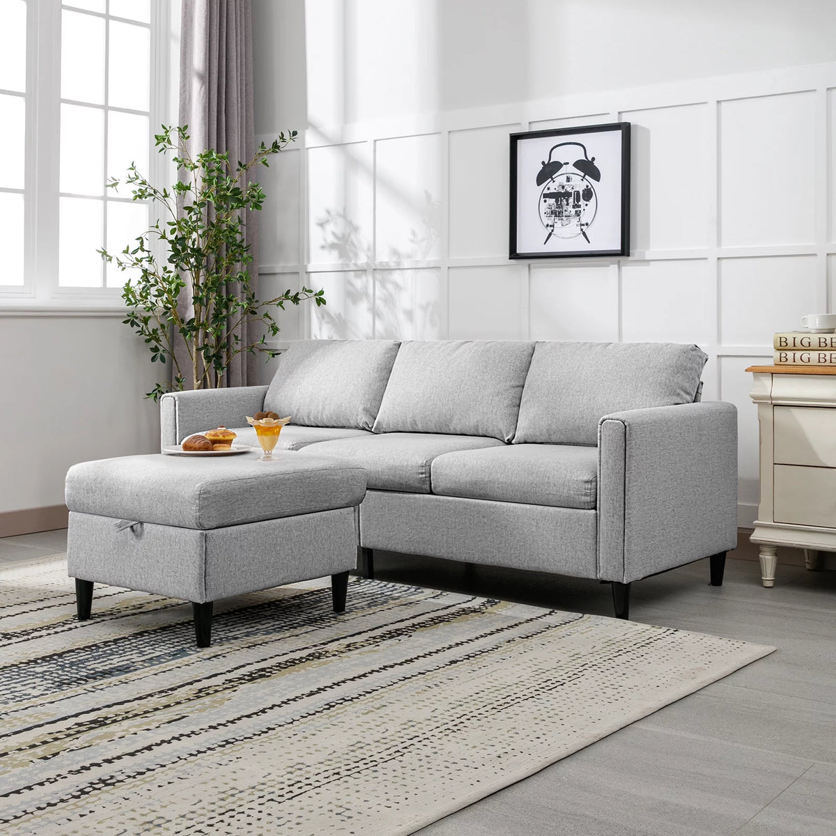 Light Grey 3 Seat L Shaped Convertible Sectional Sofa with Storage Ottoman K268