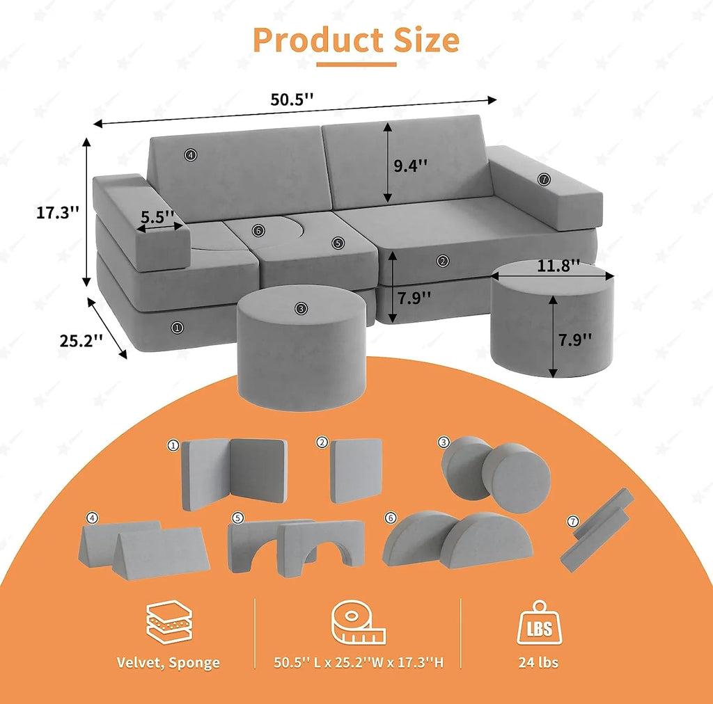 13Pcs Kids Couch, Toddler Couch, Fold Out Couch, Modular Couch, Gray E59853
