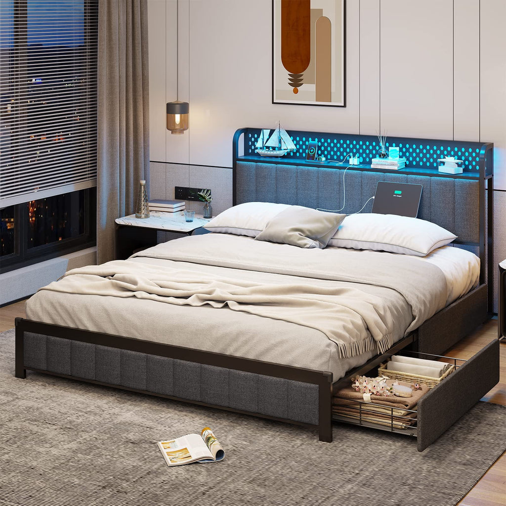 Queen Size Upholstered Platform Bed with LED Headboard and 4 Drawers K34510