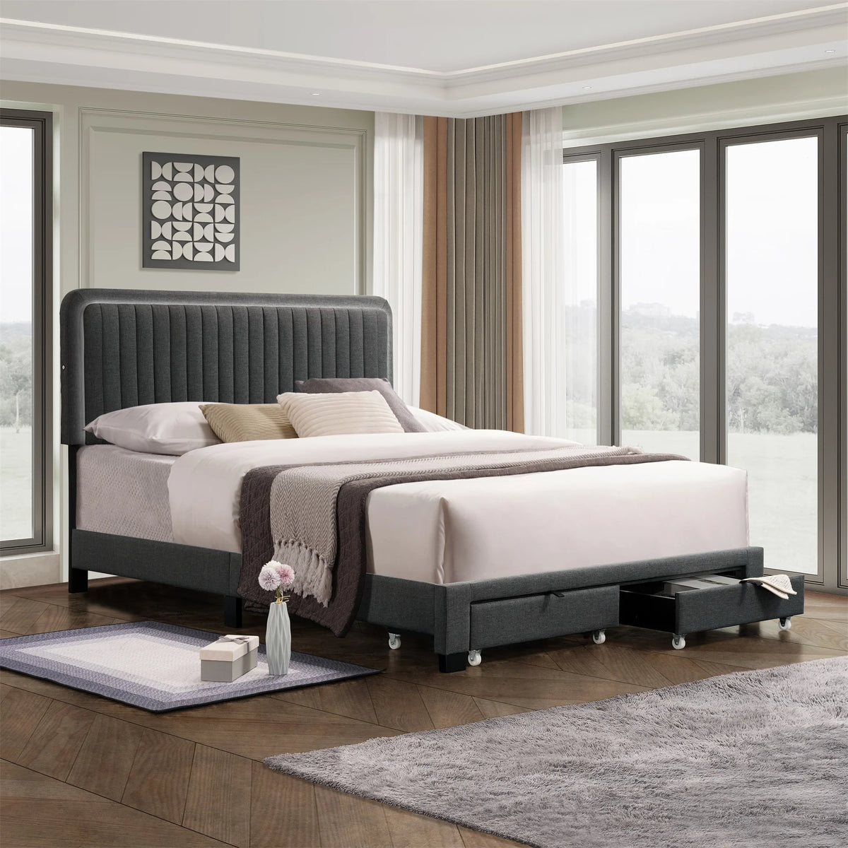Queen Size Linen Upholstered Platform Bed with LED Light and 2 Drawers O835600