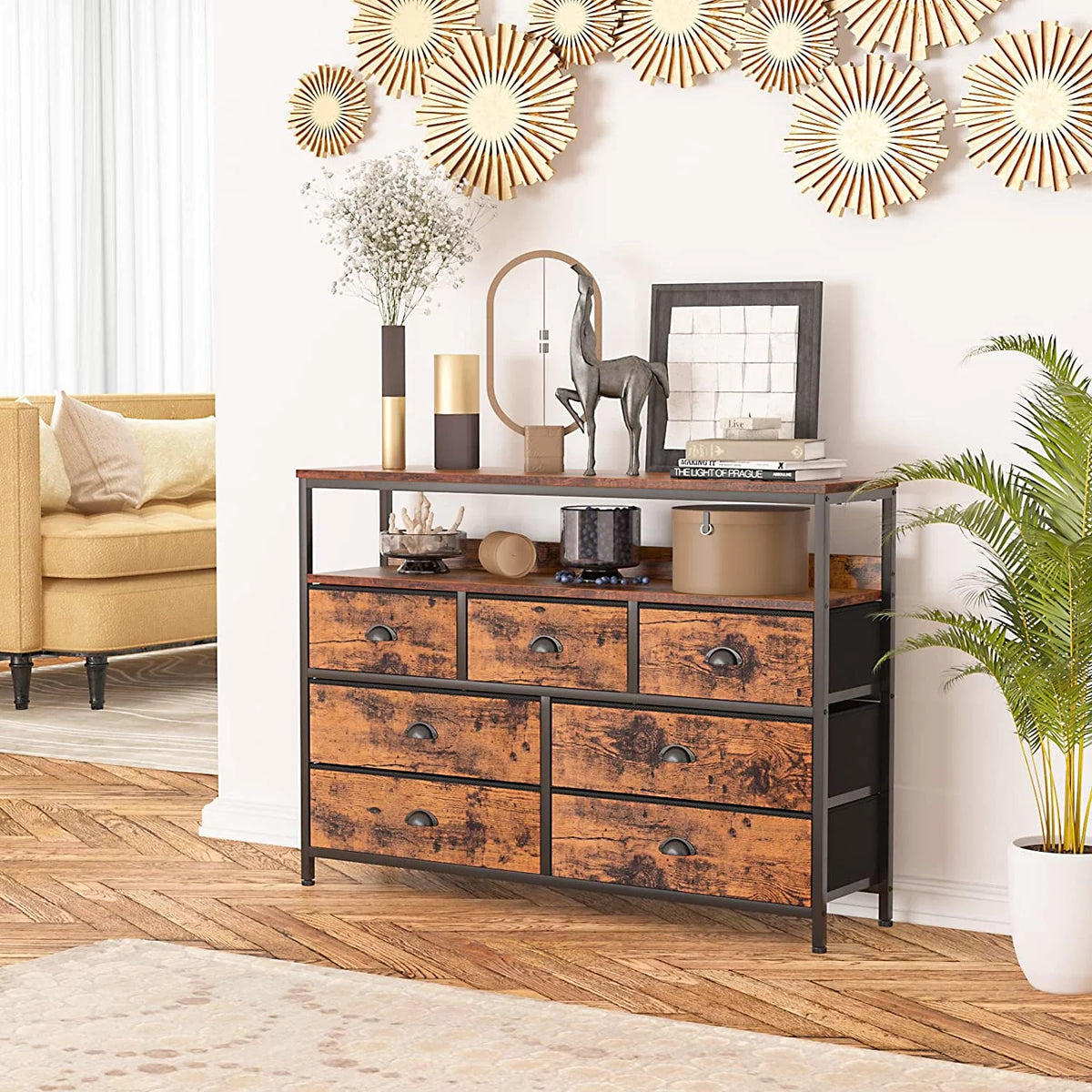 Rustic Brown TV Console Table with 7 Storage Drawers K935