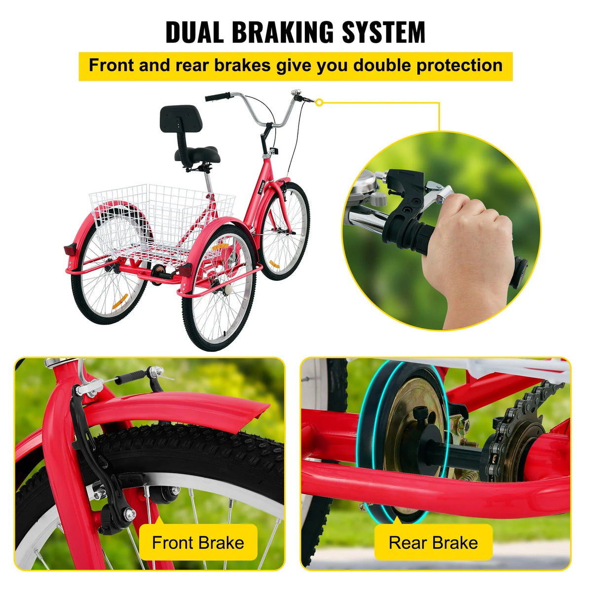 Foldable Tricycle 24 inch Wheels Red Trike with Basket U7443
