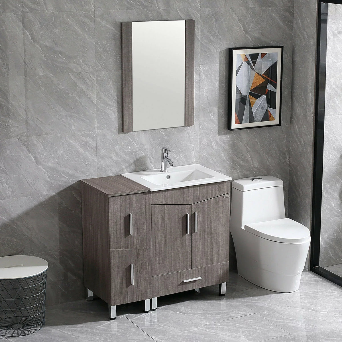 36" Light Brown Wood Bathroom Vanity with Ceramic Sink and Drawers H478