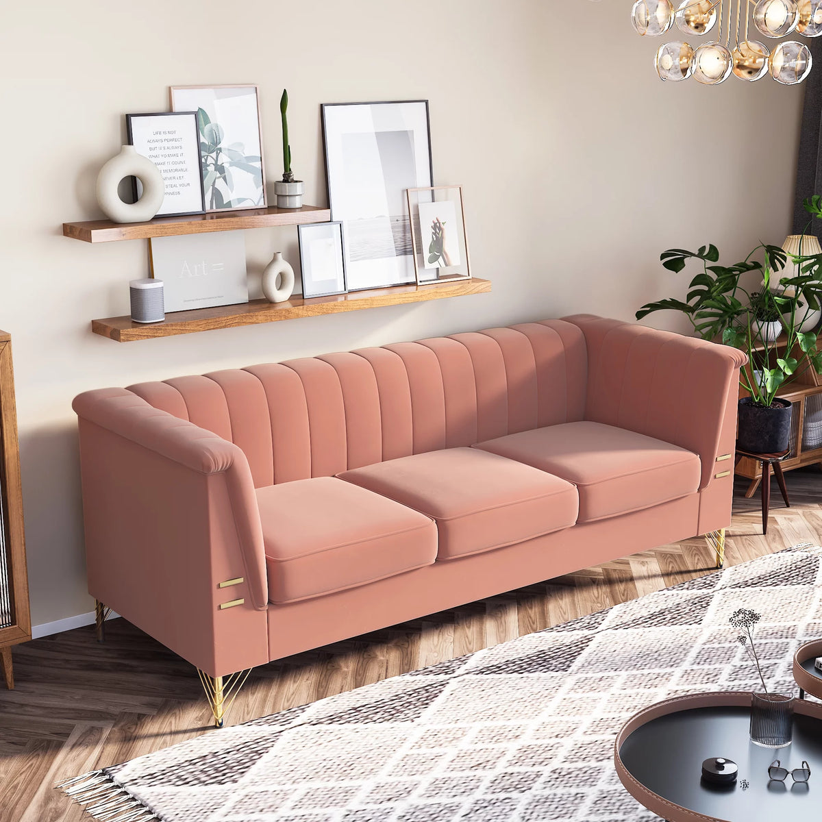 Velvet 3-Seater Sofa with Gold Metal Legs H259601