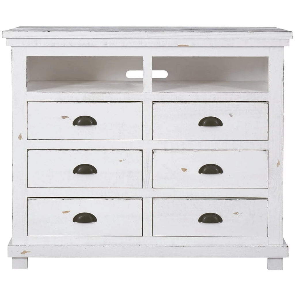 Distressed White 6 Drawer Wooden Media Chest D20986