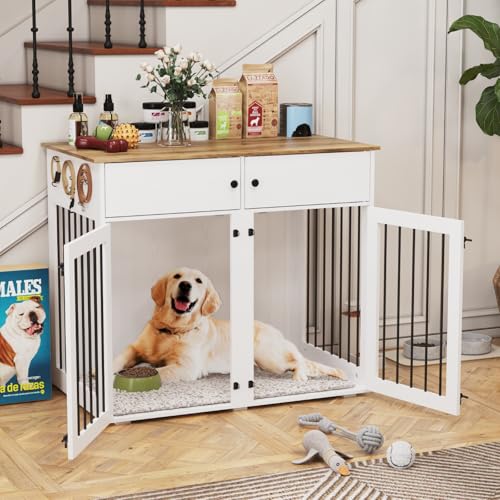 41 Inch White Wooden Dog Crate Furniture with Divider & Double Doors T4055