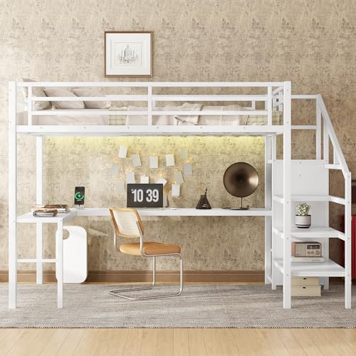 Full Size White Metal Loft Bed with Desk and Storage Stairs K148745