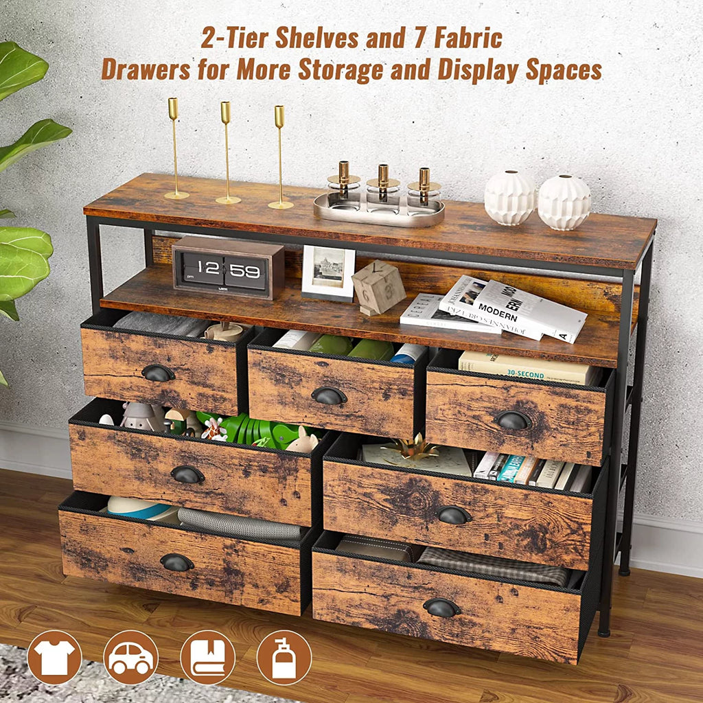 Rustic Brown TV Console Table with 7 Storage Drawers K935
