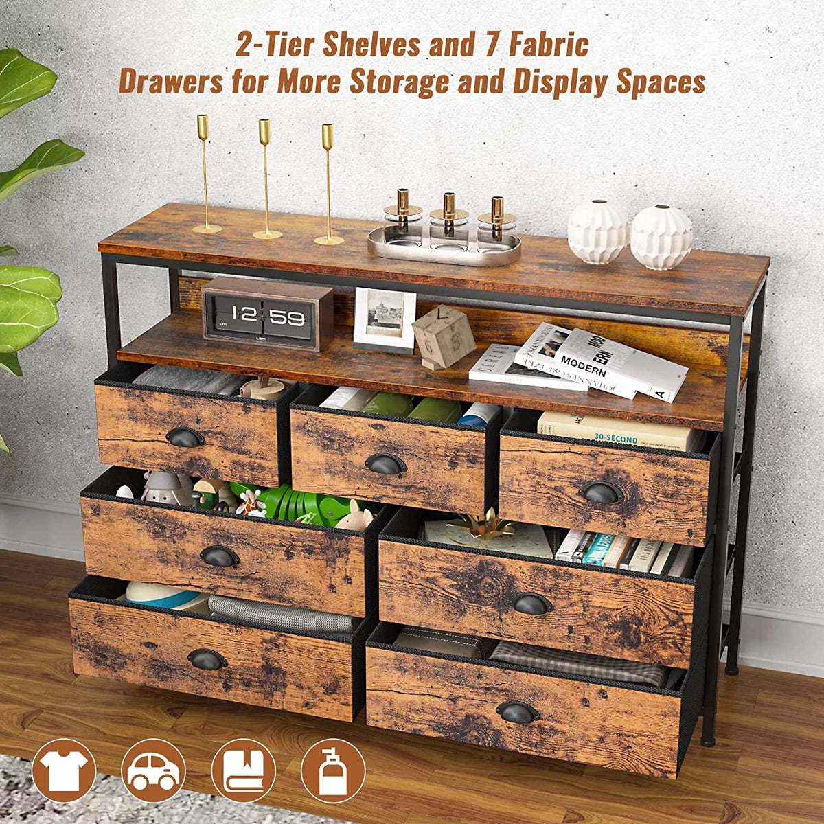 Rustic Brown TV Console Table with 7 Storage Drawers K935