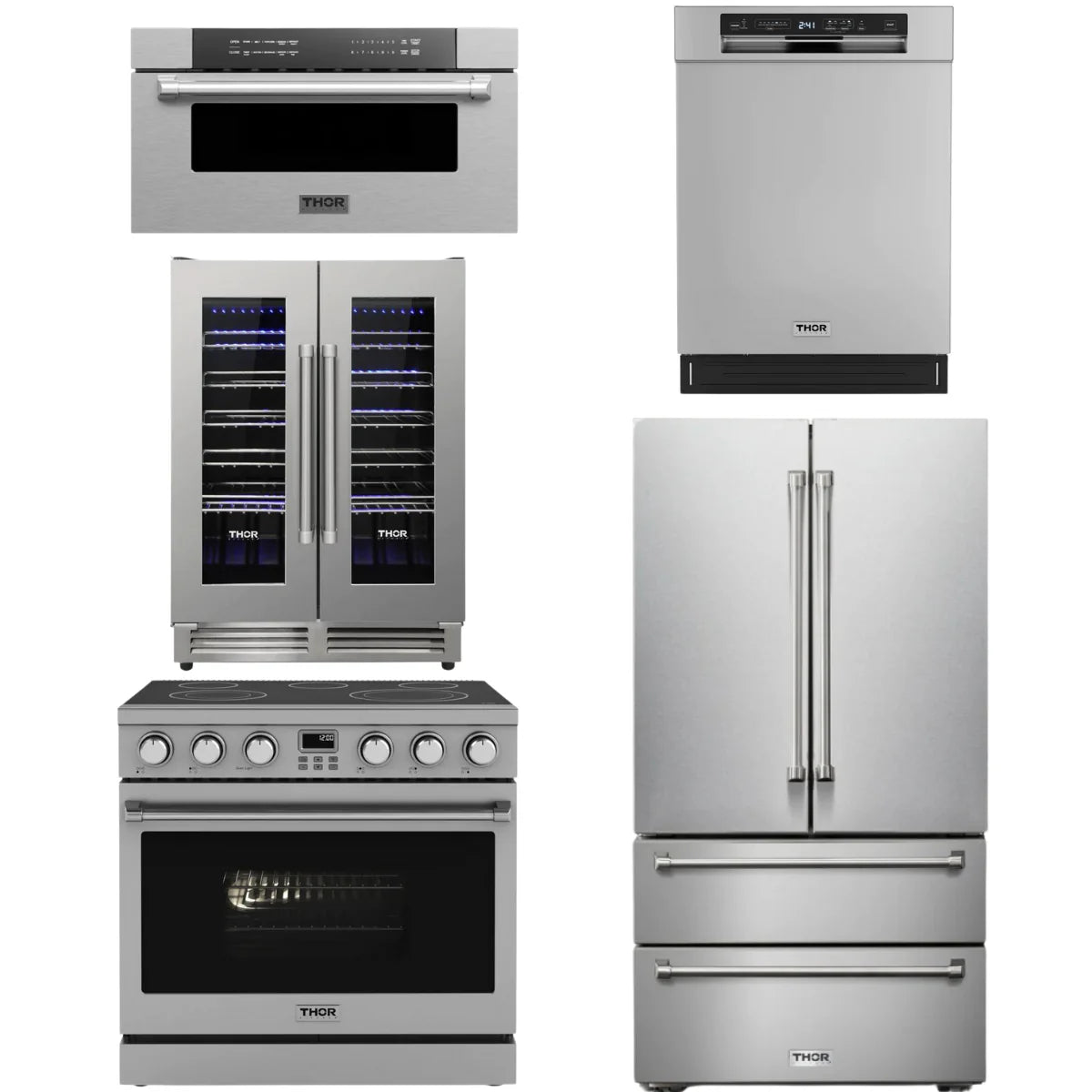 36 Electric Range, Refrigerator, Dishwasher, Microwave and Wine Cooler W7360
