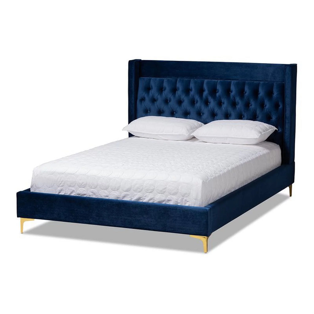 Tufted Velvet Fabric Platform King Bed in Navy Blue B3049