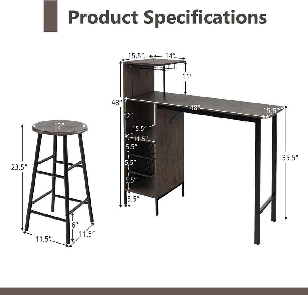 Bar Table and Chairs Set for 2, 3-Piece Counter Height Dining Table Set with Shelves M16188