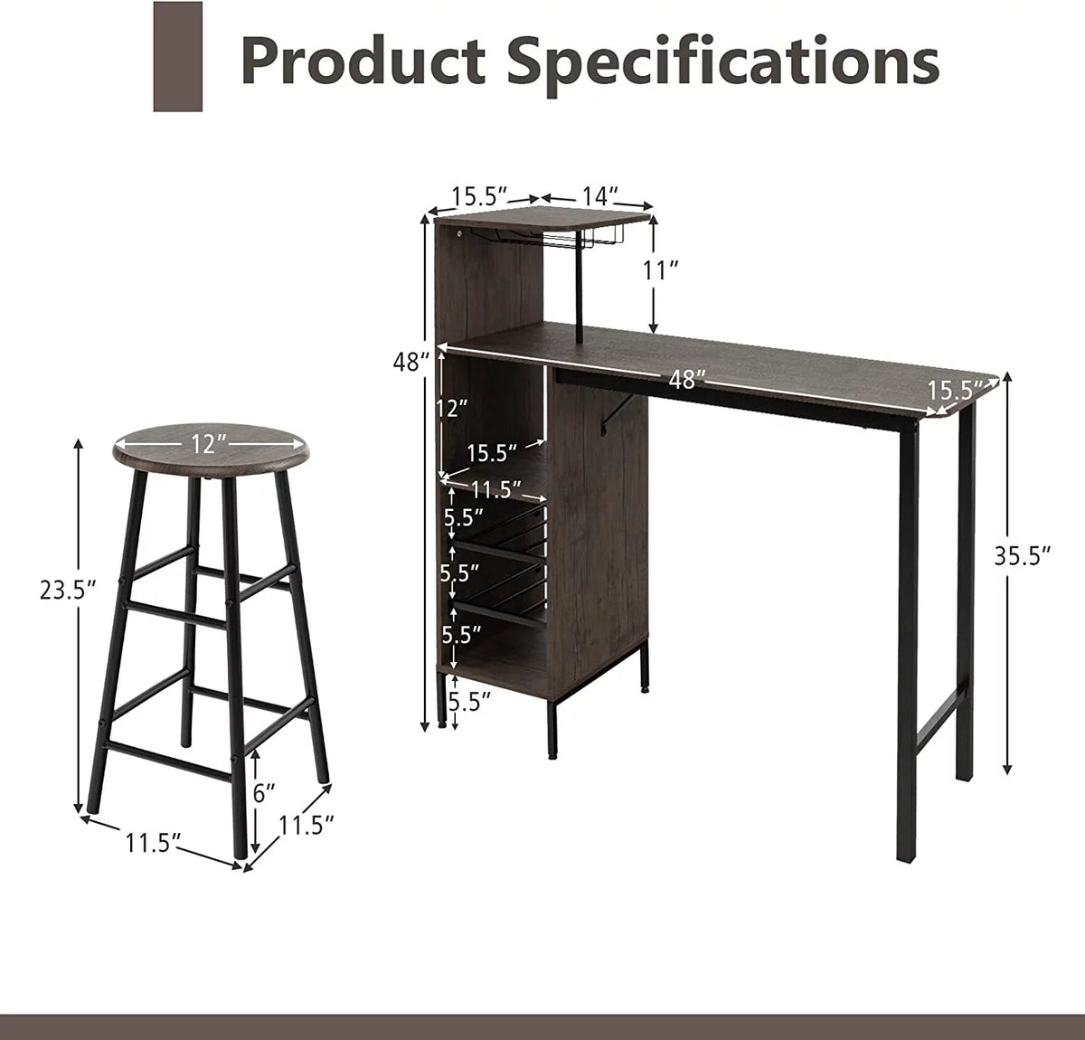 Bar Table and Chairs Set for 2, 3-Piece Counter Height Dining Table Set with Shelves M16188