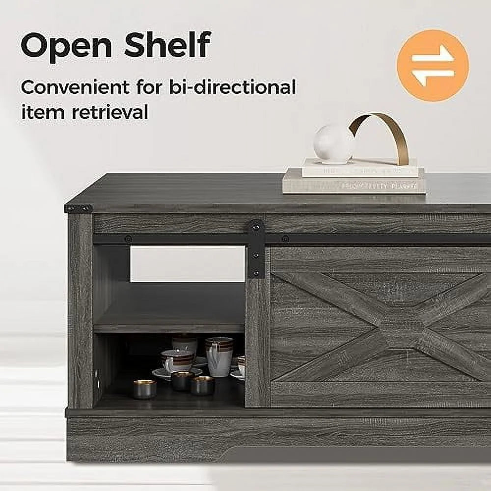 Light Grey 48'' Rustic Coffee Table with Sliding Barn Door K71442