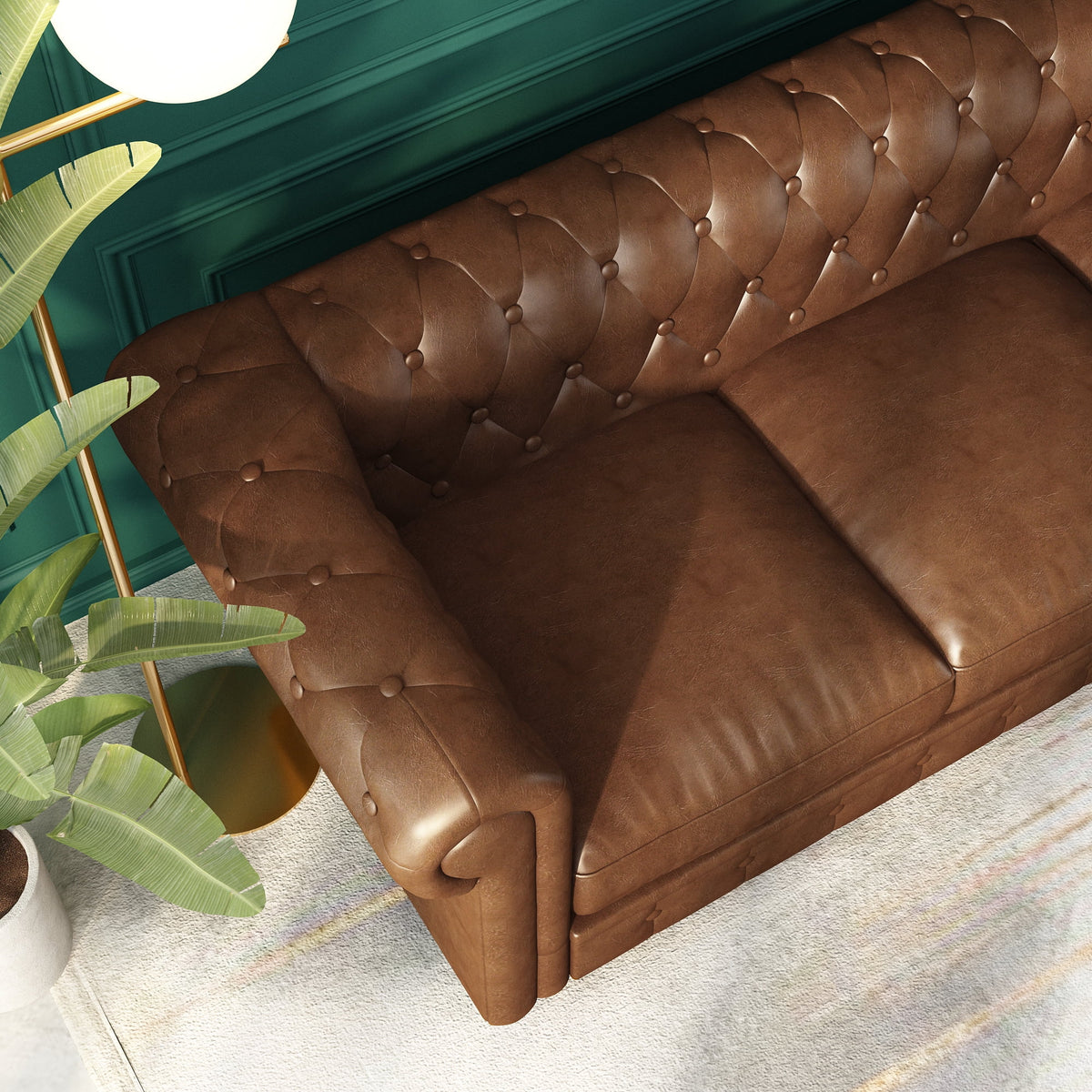 Button Tufted Faux Leather 3-Seater Sofa A476580