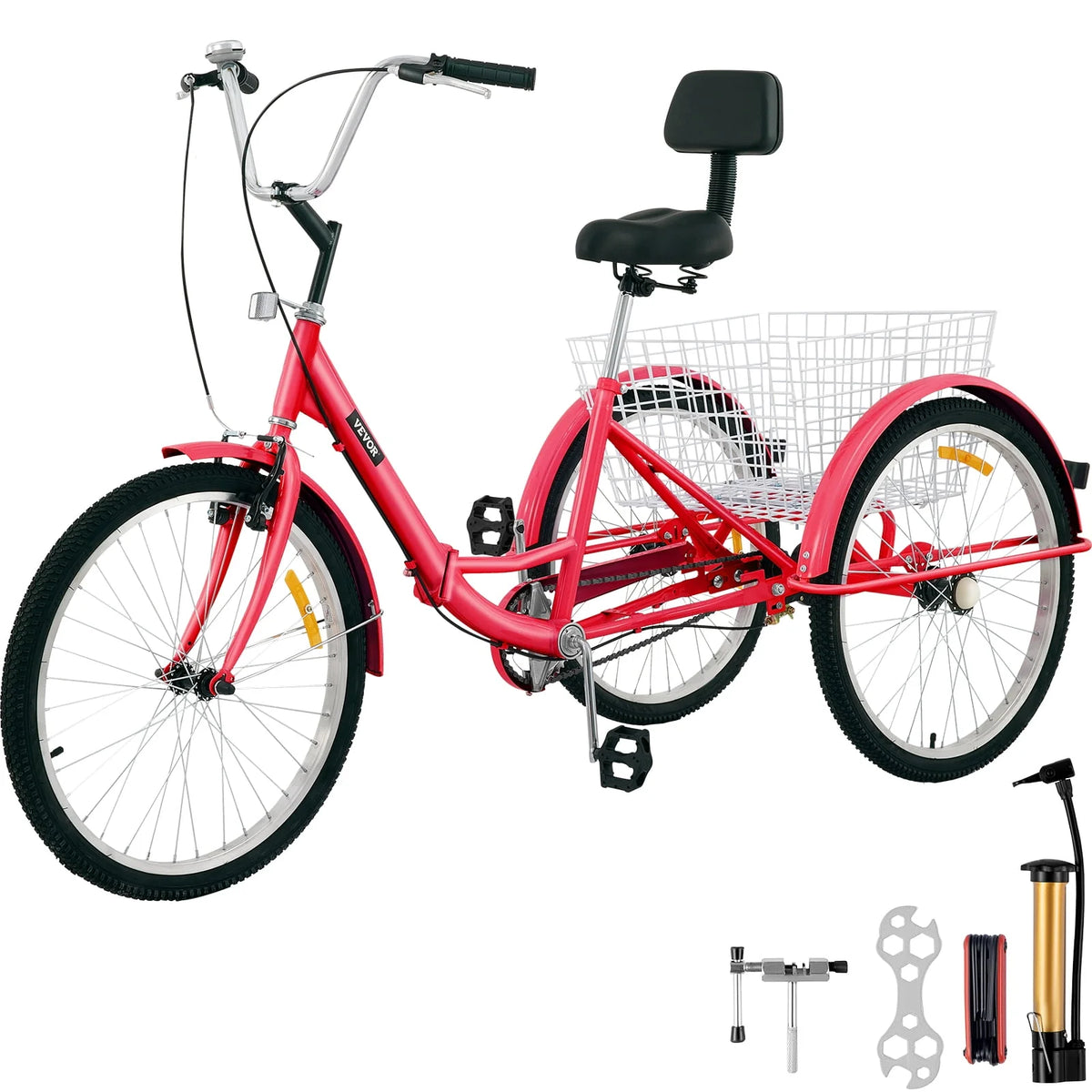 Foldable Tricycle 24 inch Wheels Red Trike with Basket U7443