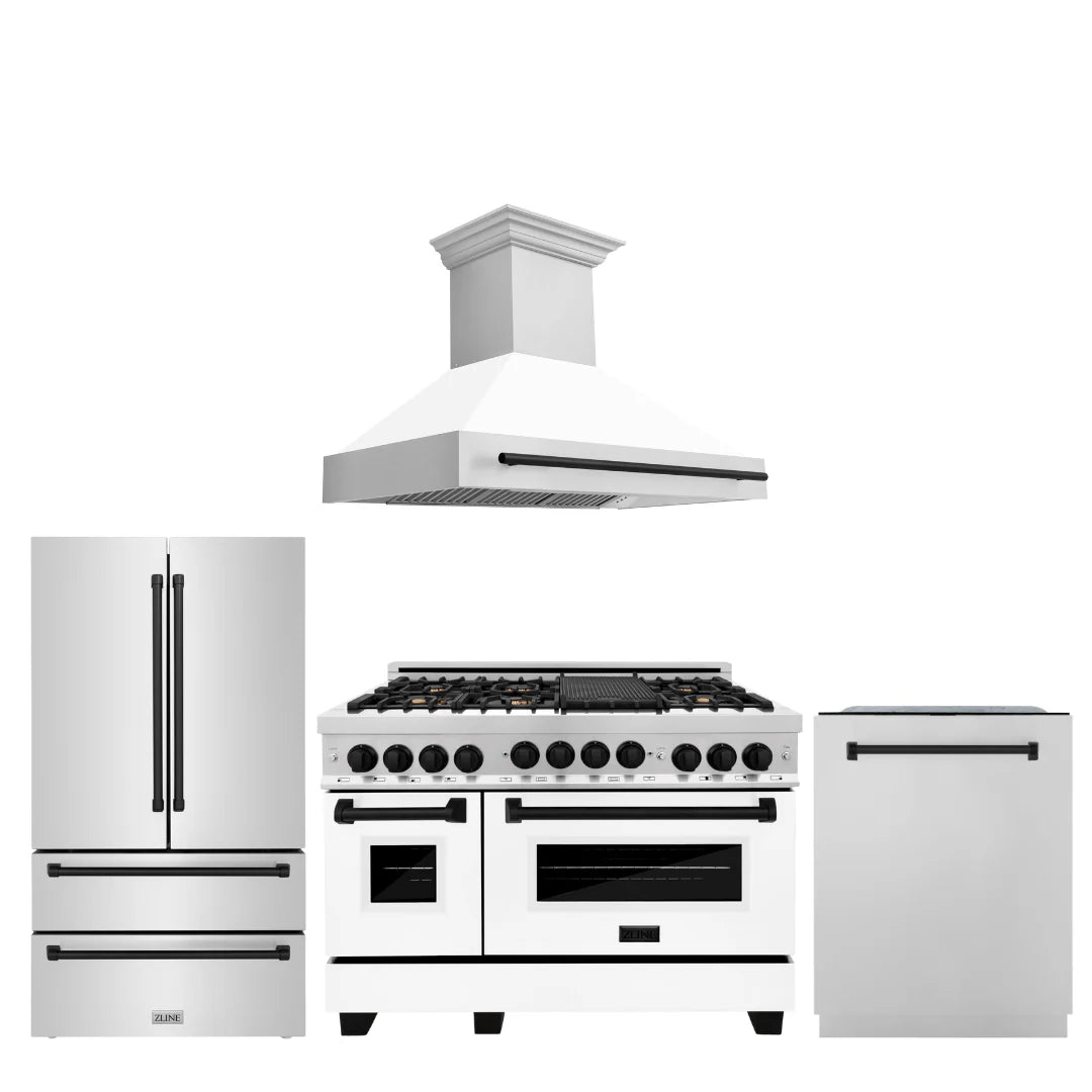 48 In. Gas Range, Range Hood, Refrigerator, Dishwasher with Matte Black Accents F9708