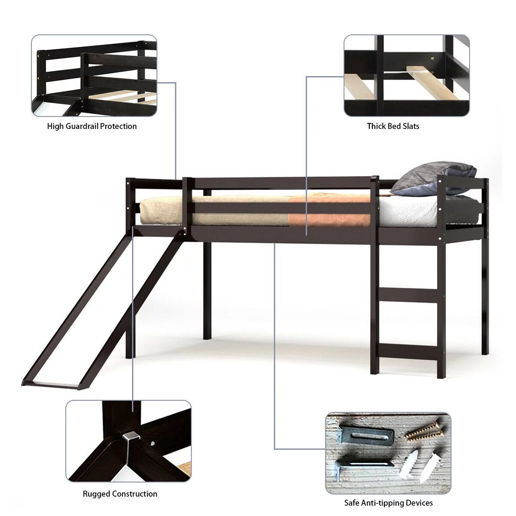 White Twin Size Wood Loft Bed with Slide G213282