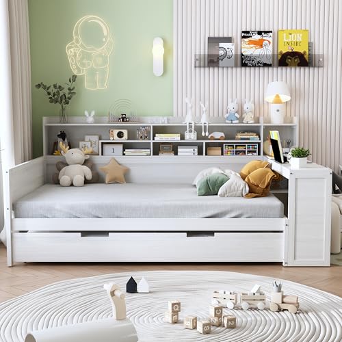 Twin Size Wood Daybed with Bookcase Storage and Desk M2687