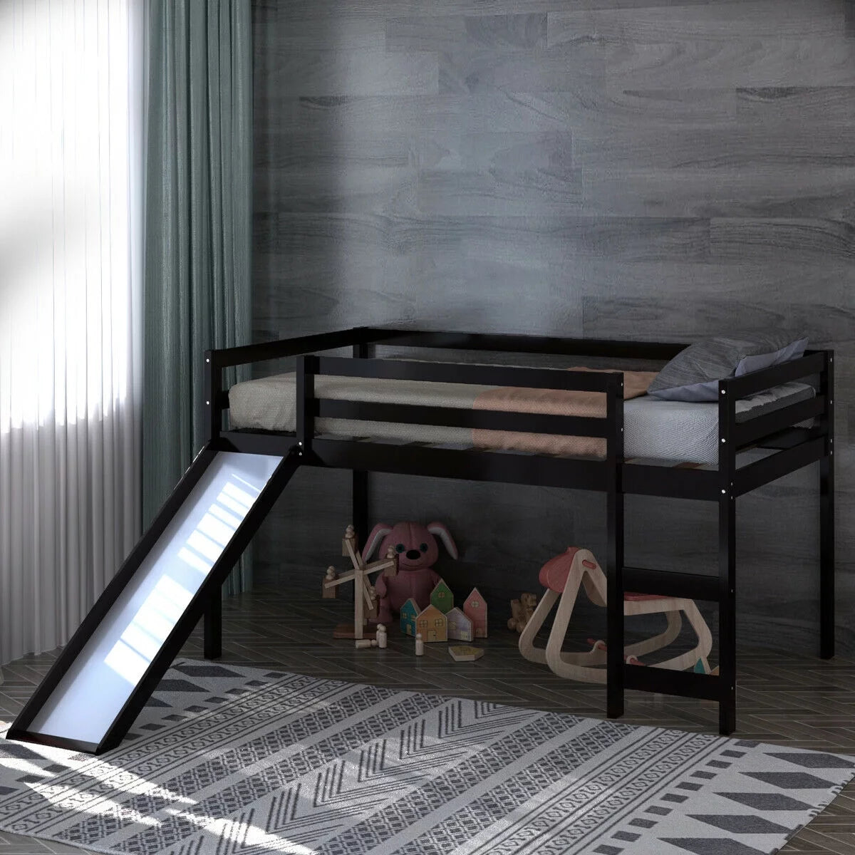 White Twin Size Wood Loft Bed with Slide G213282