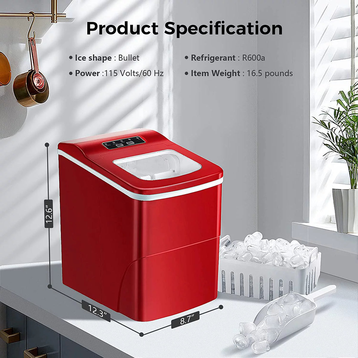 Portable Countertop Ice Maker with Ice Scoop and Basket X927
