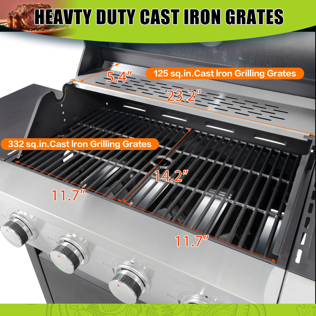 4 Burner Propane Gas Grill with Side Burner and Thermometer K95701