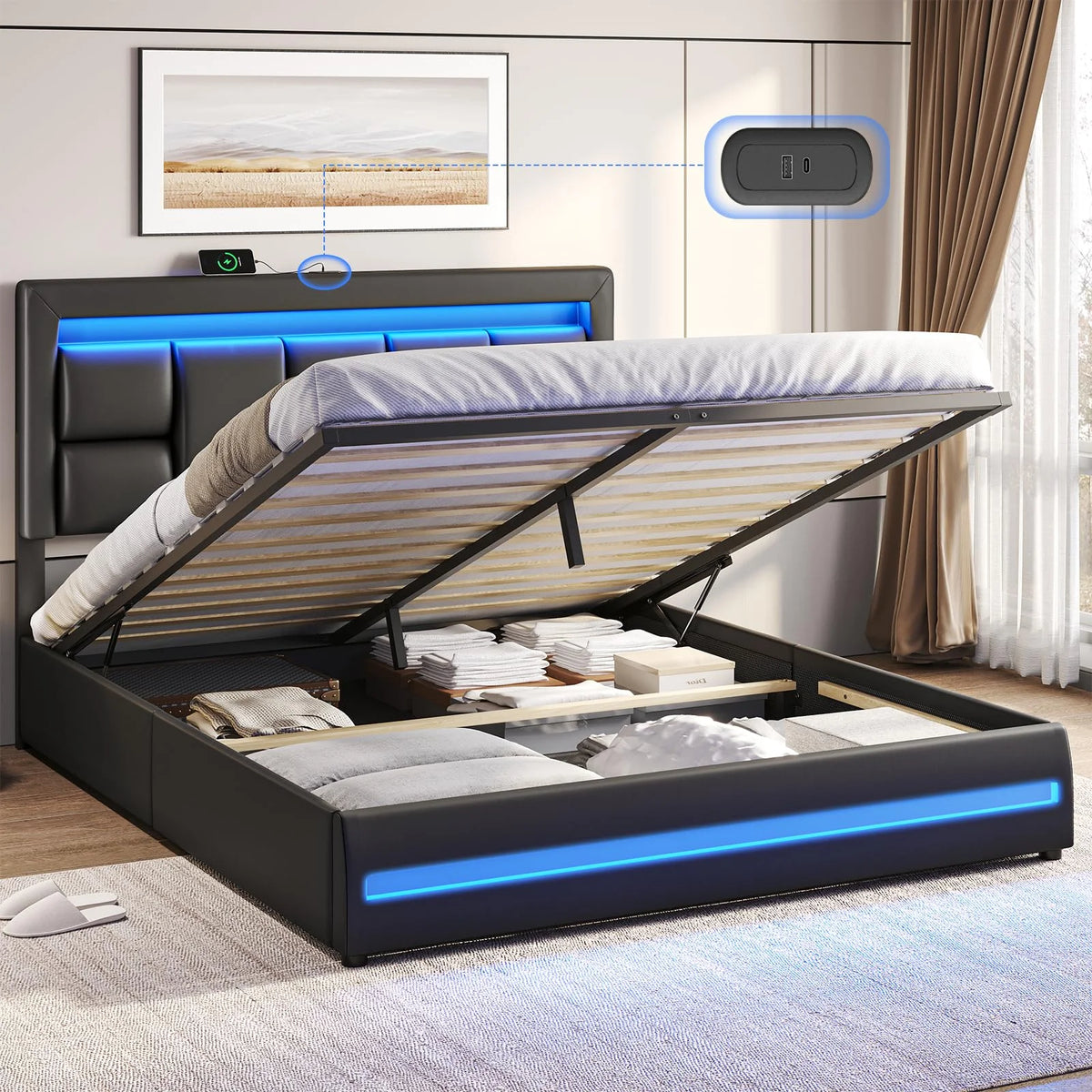 Queen Size Lift Up Storage Upholstered Platform Bed Frame with Charging Ports and LED Lights Z889