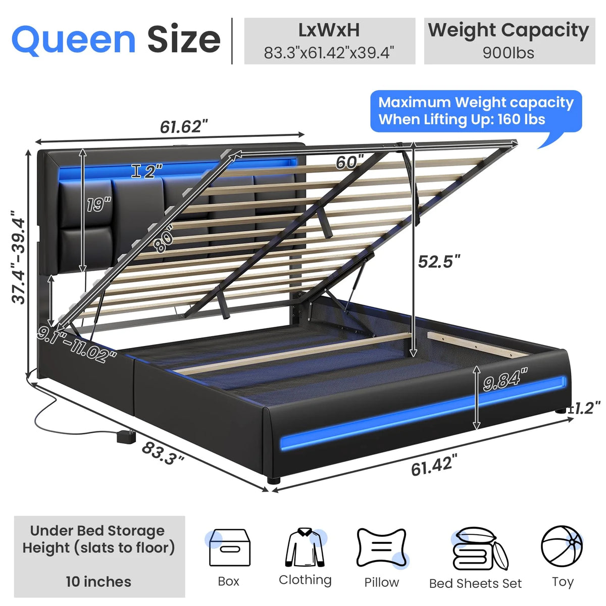 Queen Size Lift Up Storage Upholstered Platform Bed Frame with Charging Ports and LED Lights Z889