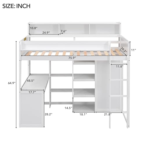 Twin Size Wood Loft Bed with Desk Storage and Wardrobe S9832