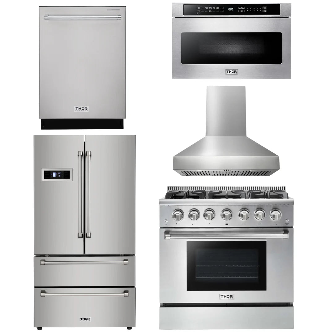36 Propane Gas Range, Range Hood, Microwave, Refrigerator, Dishwasher F2839