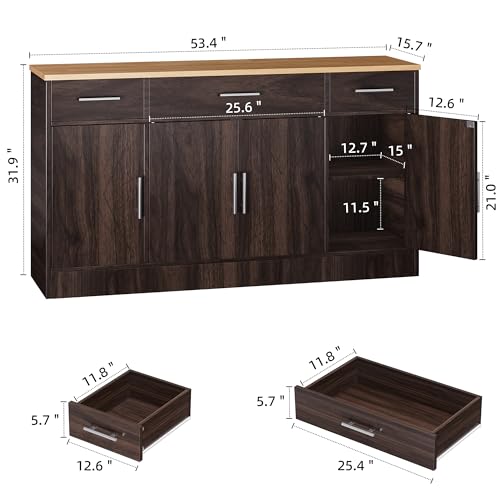 Brown Wood Buffet Cabinet with 3 Drawers and 4 Doors R3775