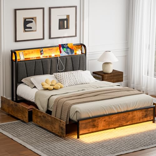 Queen Size Platform Bed Frame with Headboard Storage 4 Drawers X9658