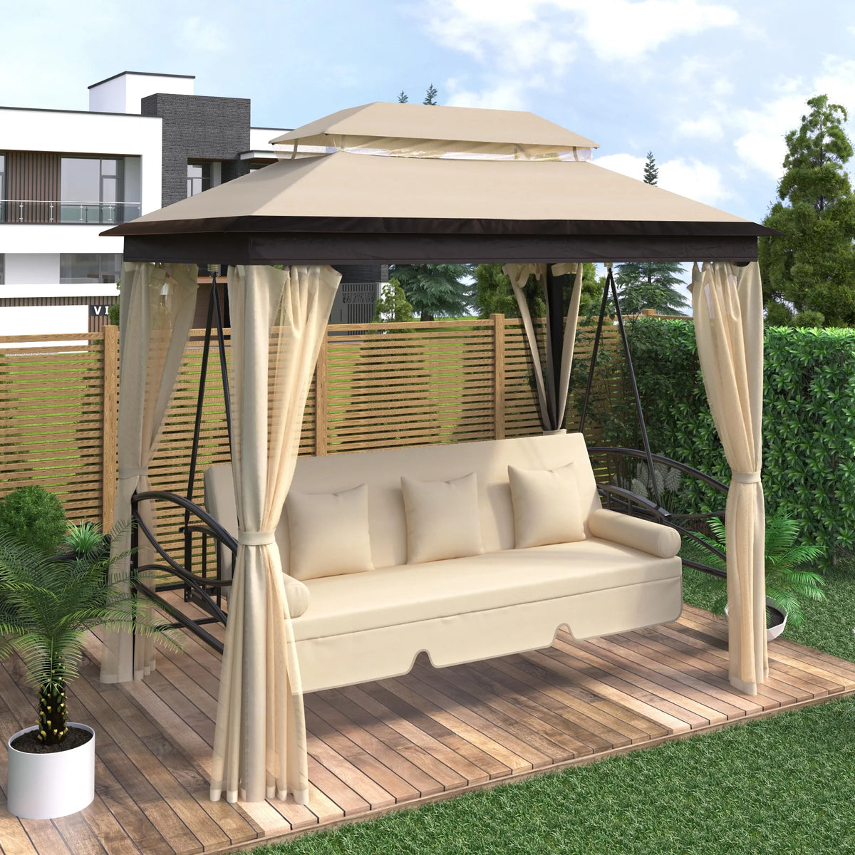 Outdoor Canopy Swing Bed 3 Seat Beige F835