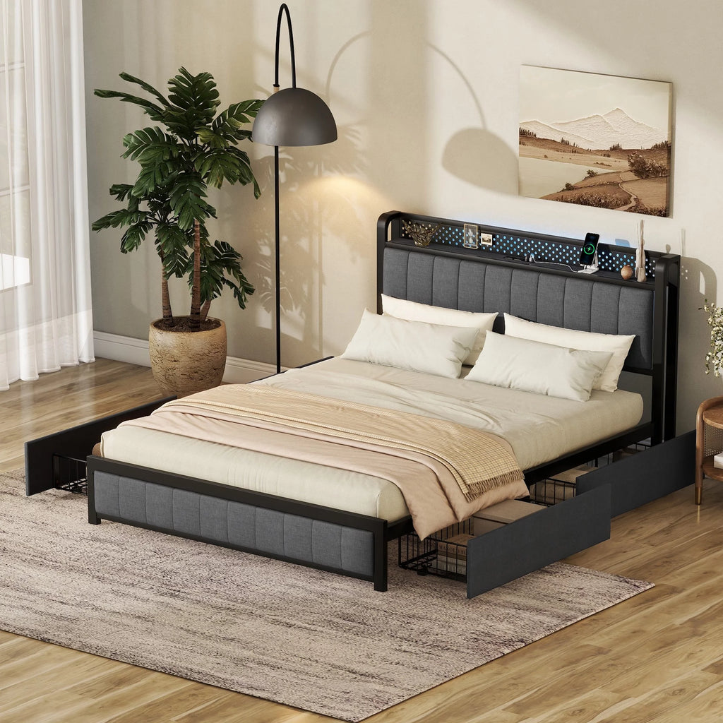 Dark Grey Queen Upholstered Bed Frame with 4 Storage Drawers M3370