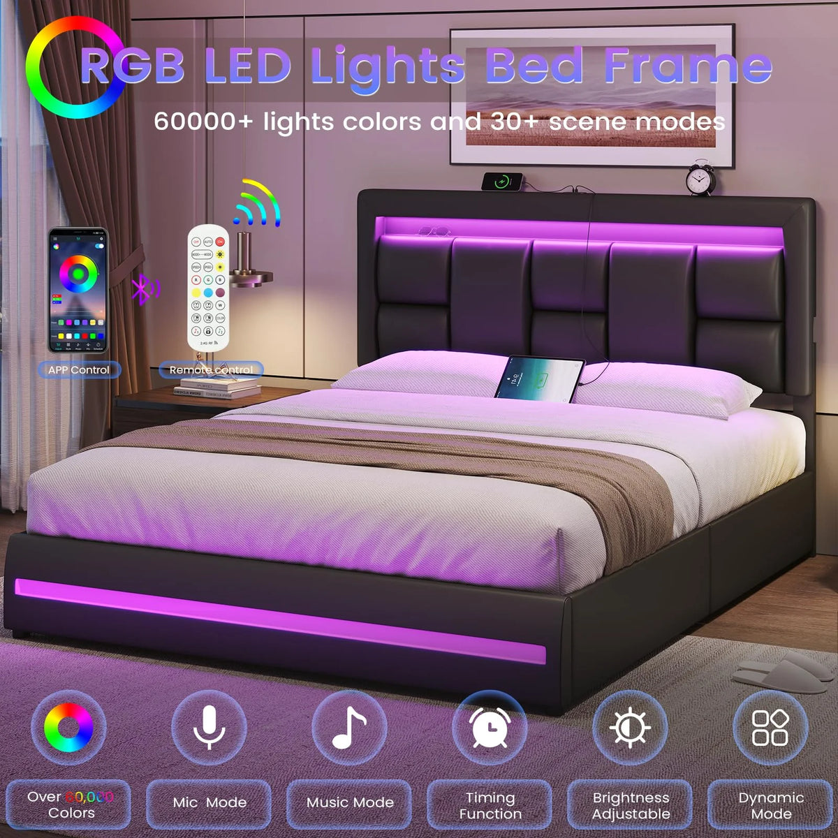 Queen Size Lift Up Storage Upholstered Platform Bed Frame with Charging Ports and LED Lights Z889
